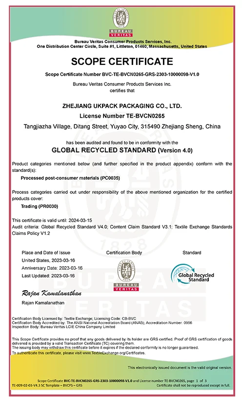 Certificado GRS de UKPACK