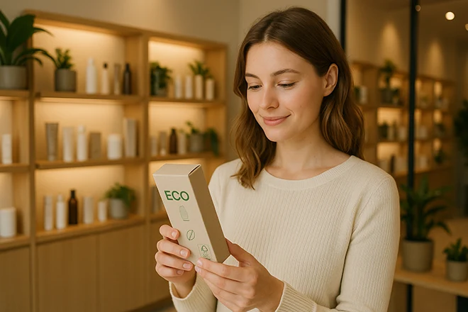 consumidora eligiendo un producto de cuidado facial con packaging sostenible