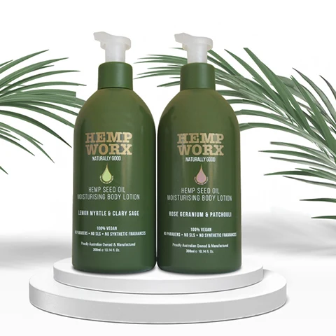 Botella y bomba monomaterial para loción corporal Hempworx