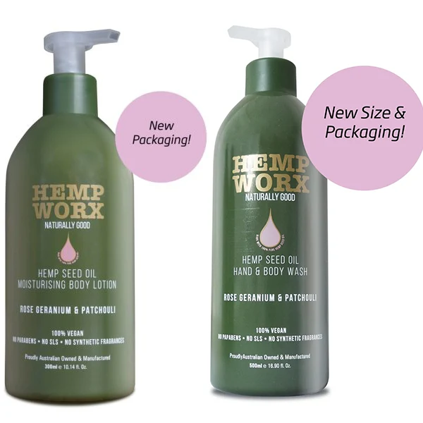 Loción corporal y gel corporal Hemp Worx con dosificadores de PP Loción corporal Hemp Worx de 300 ml y gel corporal de 500 ml con dosificadores de PP