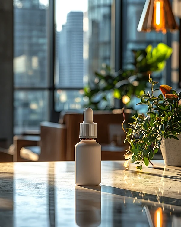 Frasco cuentagotas blanco sobre una mesa Frasco cuentagotas blanco sobre una mesa