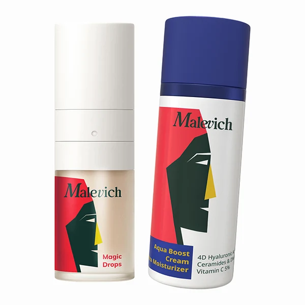 Envases de sérum Magic Drops y crema Aqua Boost de Malevich Envases de sérum Magic Drops y crema Aqua Boost de Malevich