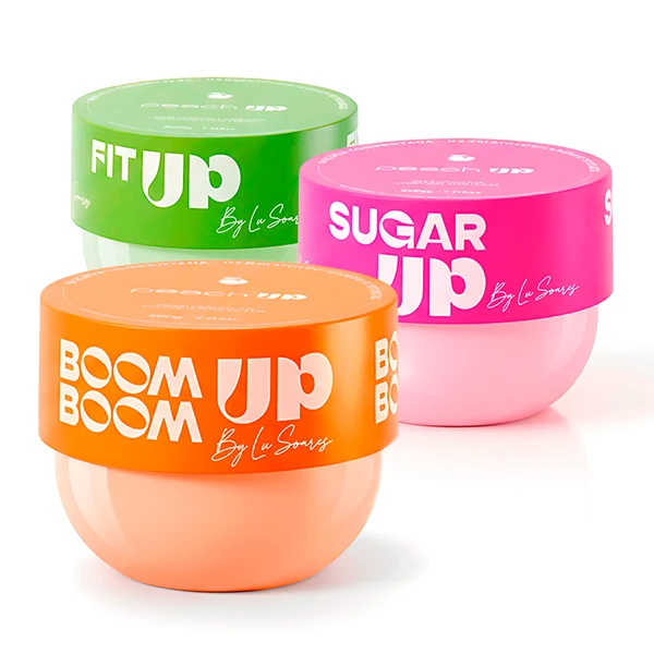 Tarros cosméticos de PP personalizados para Peach Up Tarros cosméticos de PP personalizados para Peach Up: BOOM BOOM UP, SUGAR UP y FIT UP