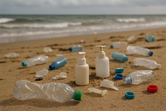envases cosméticos y residuos plásticos en una playa