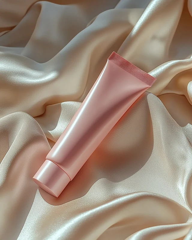 Tubo cosmético rosa sobre tela de seda Tubo cosmético rosa sobre tela de seda