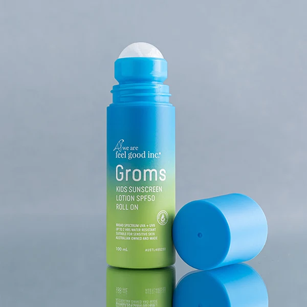 Envase roll-on de 100 ml para We Are Feel Good Inc. We Are Feel Good Inc., Groms Kids Sunscreen Lotion SPF50+ en un envase roll-on de 100 ml