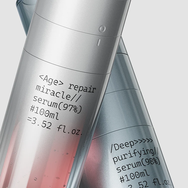 Acabados superficiales personalizados para botella airless Duo-Mix custom surface finish of mix dual chamber refillable airless bottle