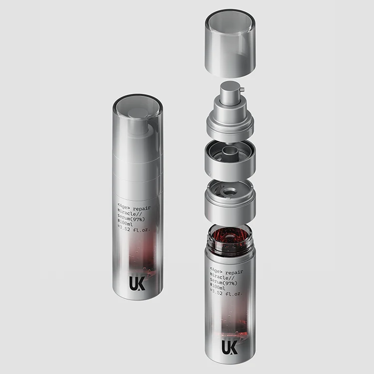 Botella airless Duo-Mix recargable de doble cámara Botella airless Duo-Mix recargable de doble cámara en PET