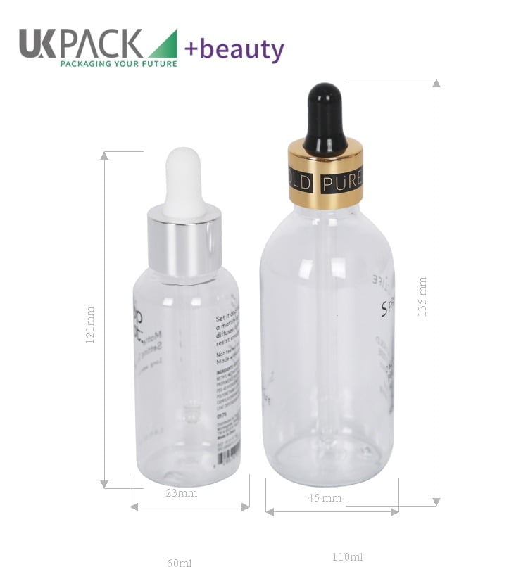 Frasco cuentagotas PET de plástico personalizable de 60 ml y 100 ml — detalle de componentes — imagen 2
