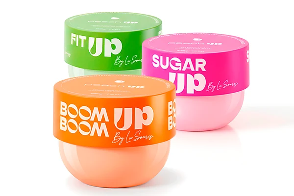 Tarros cosméticos de PP personalizados para Peach Up: BOOM BOOM UP, SUGAR UP y FIT UP