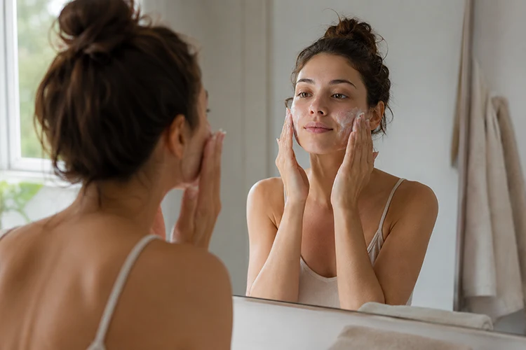 Tarro para bálsamo limpiador con espátula integrada de 12 g a 200 g – 5 woman using cleansing balm during a daily skincare routine - 1